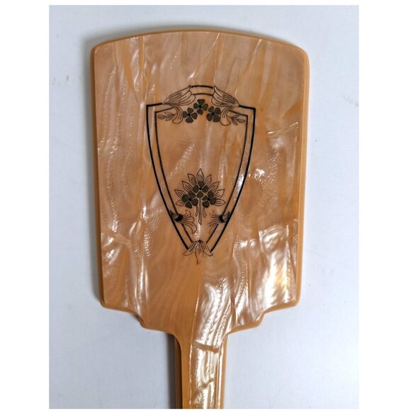Vintage Art Deco Pearlized Bakelite Hand Held  Mirror 10”Inlayed Floral Motif - Picture 5 of 5
